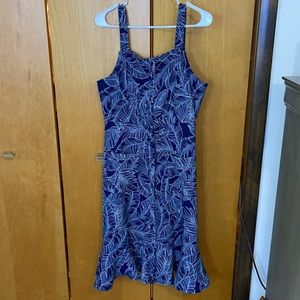 Palm leaf navy mid length peplum dress